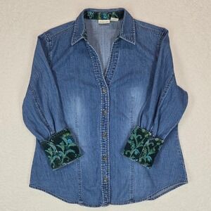St. John's Bay Women's XL Denim Shirt Floral Corduroy Cuffs Boho Cottagecore